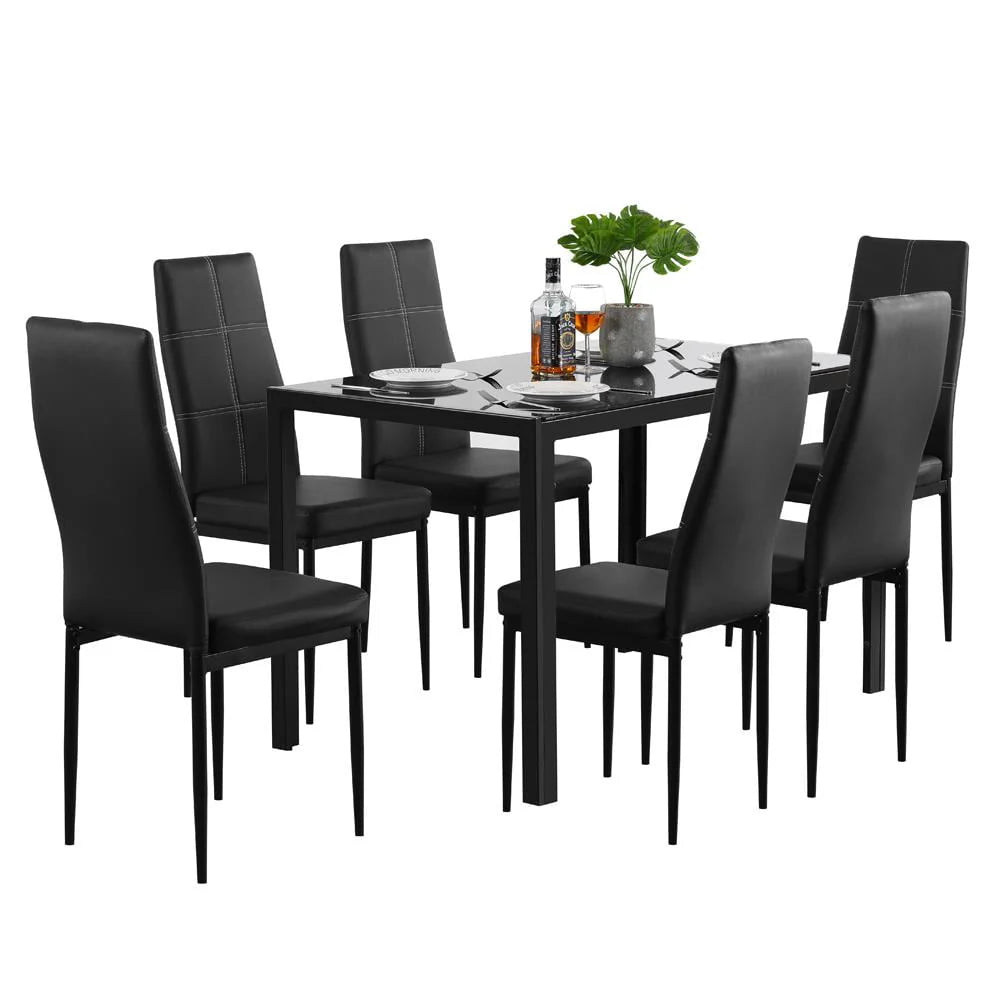 Black 7 Piece Glass Metal Dining Set A22762