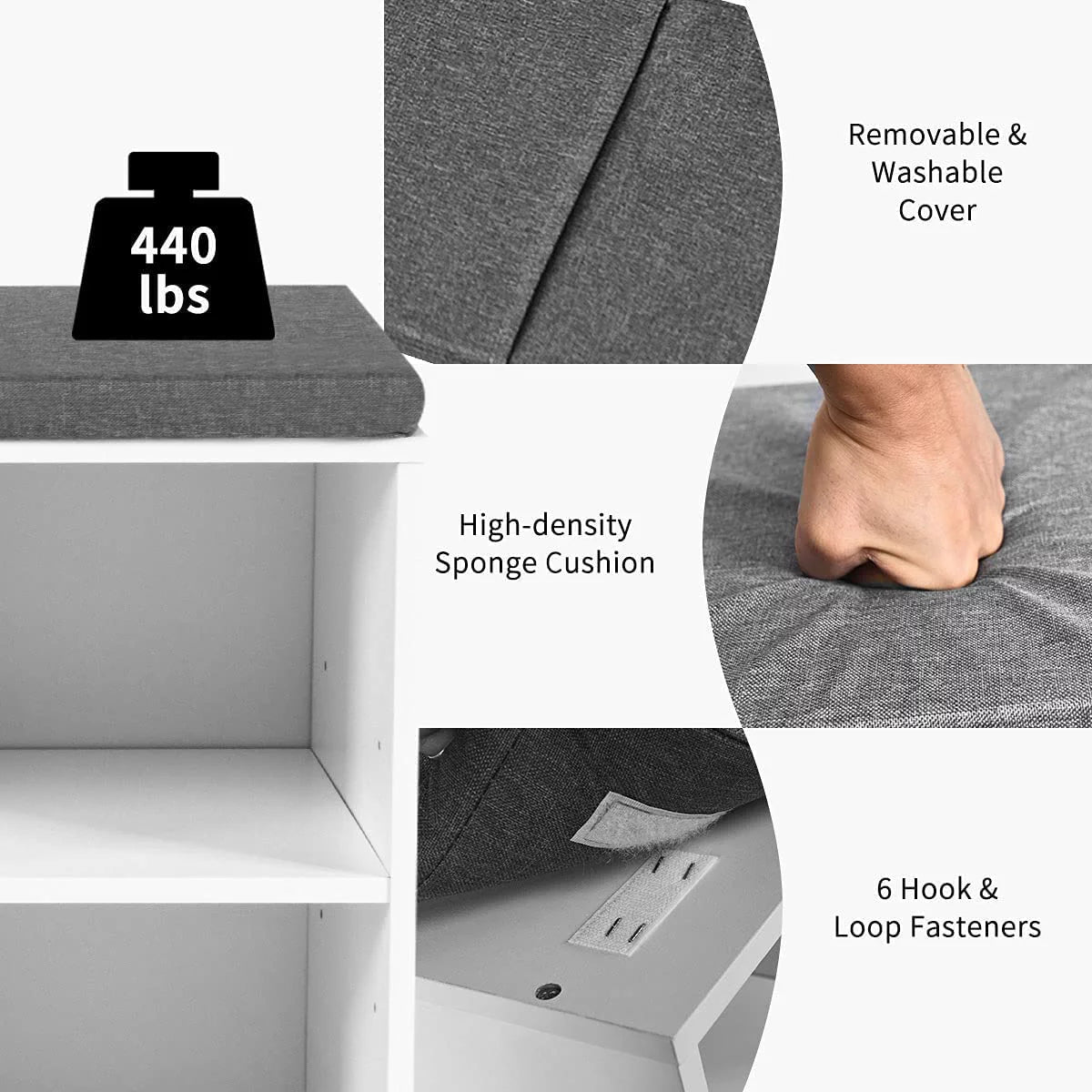 White Shoe Storage Bench with Cushion and Adjustable Shelves Y879471