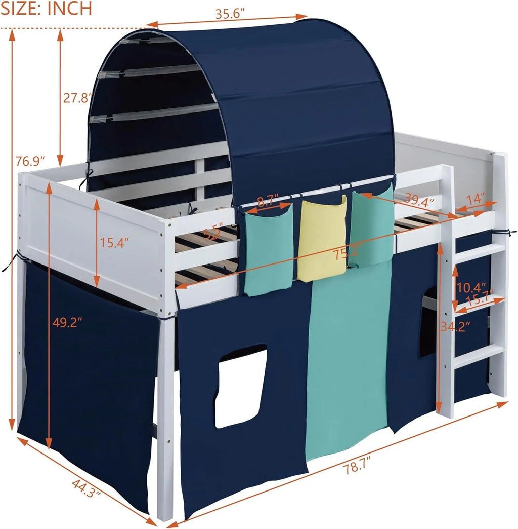 Blue Wood Low Loft Bed Frame with Tent, Tower and Three Pockets F3366
