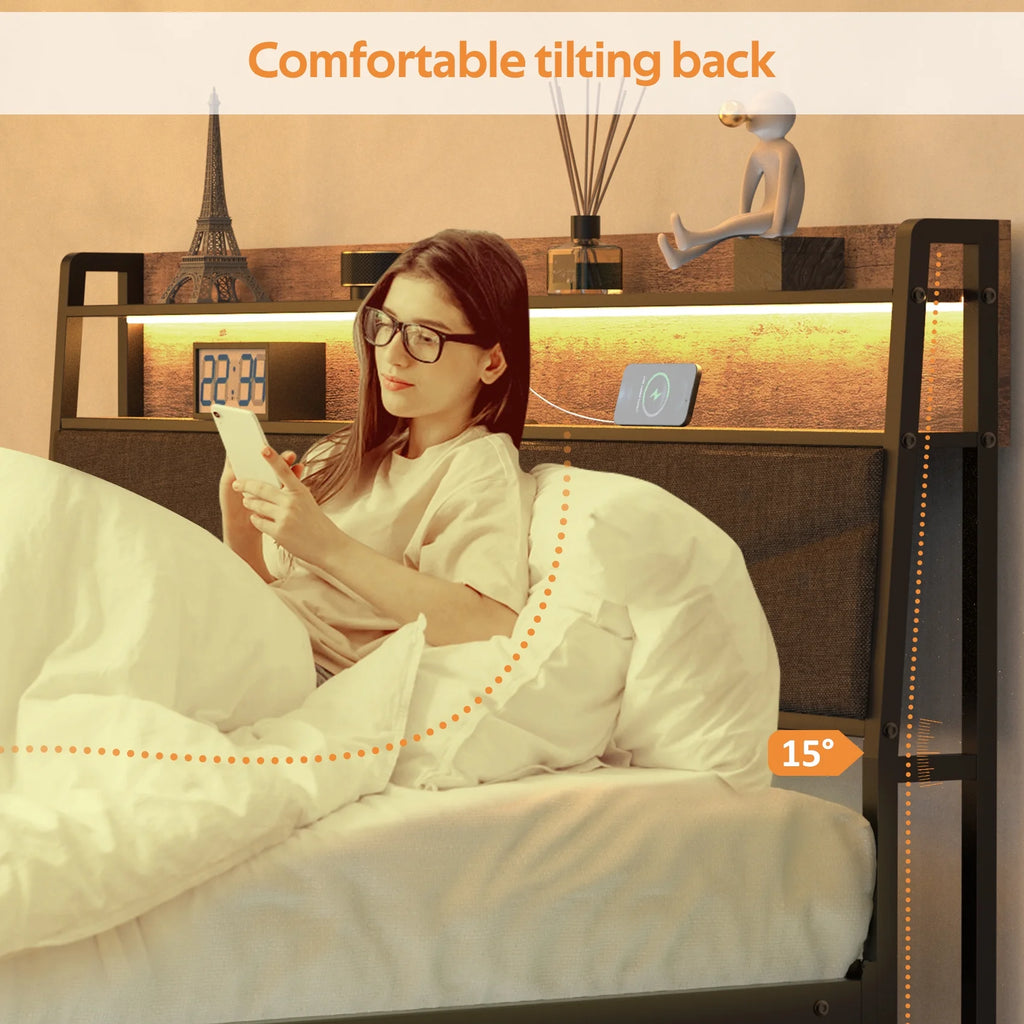 Full Size Upholstered Platform Bed Frame with Charging Station & LED Lights H7795