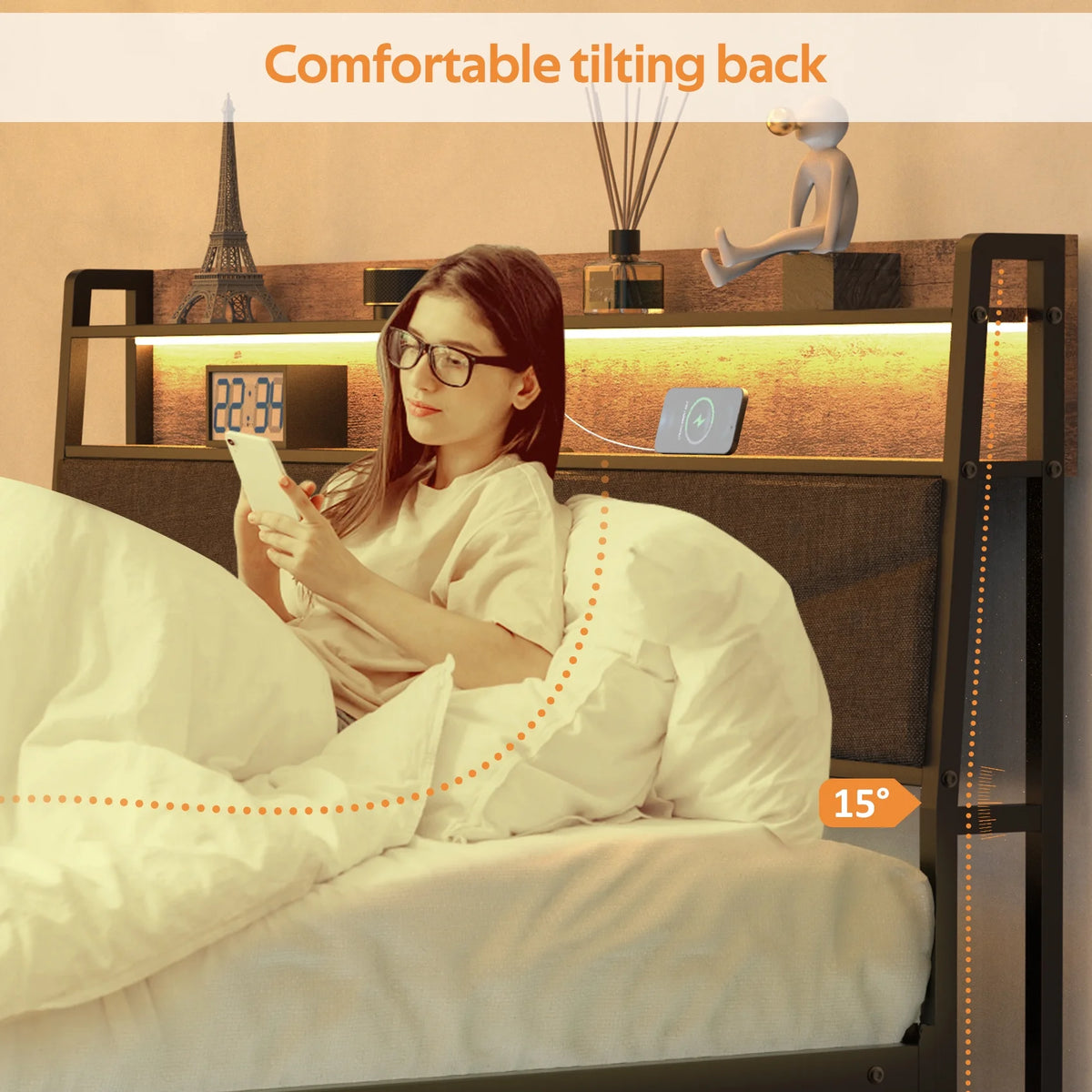 Full Size Upholstered Platform Bed Frame with Charging Station & LED Lights H7795