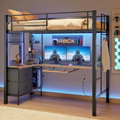 Brown Twin Loft Bed with L-Shaped Desk and LED Lights Q2719