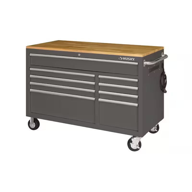 9-Drawer Mobile Workbench Cabinet with Solid Wood Top in Gloss Gray T4744