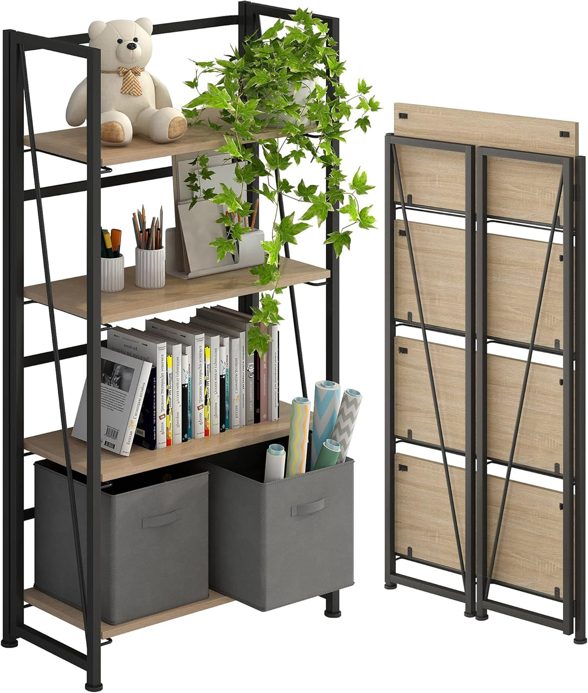 4 Tiers Folding Bookshelf Storage Shelves with 2 Drawers K7180