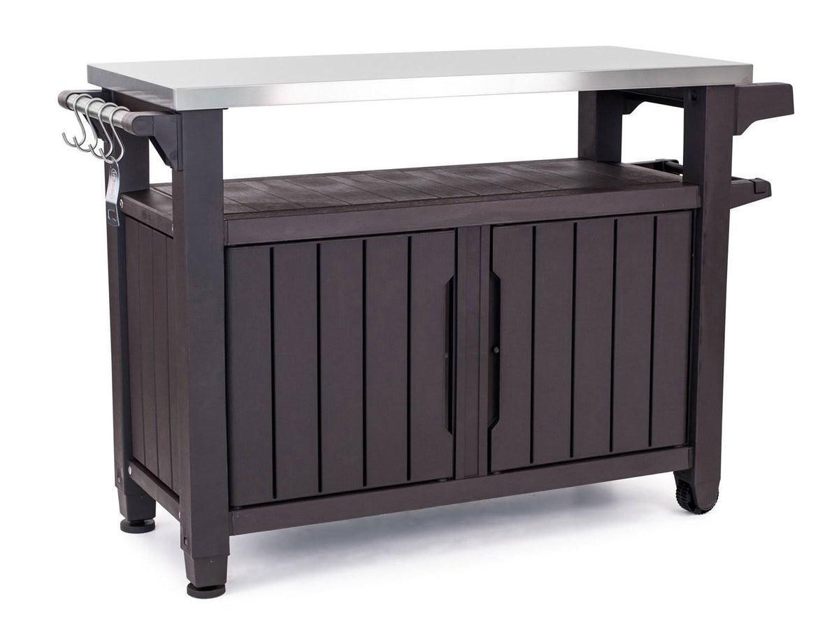 Portable Outdoor Table and Storage Cabinet with Accessory Hooks, Espresso Brown W689110