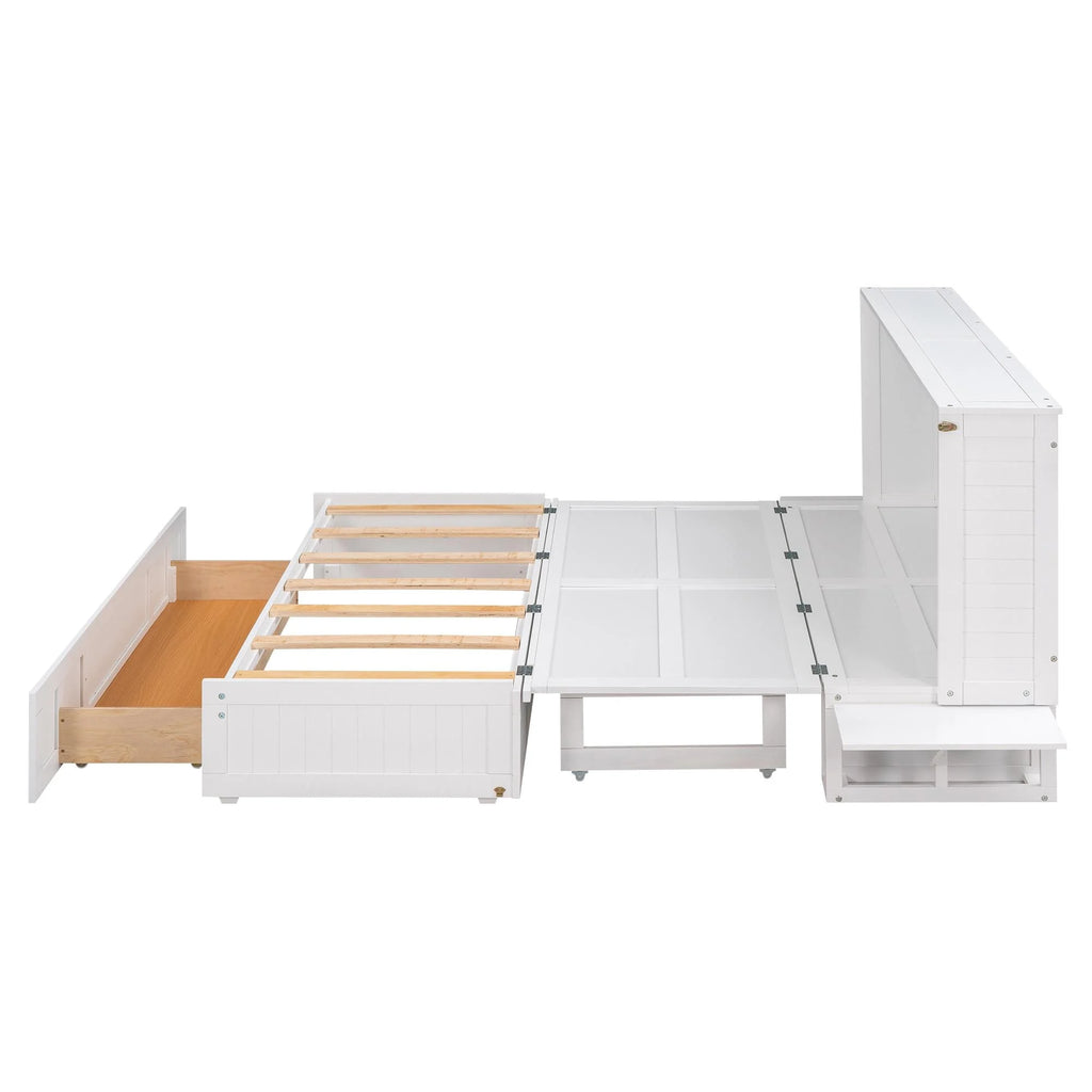 White Queen Size Wood Murphy Bed Cabinet with Storage Drawer Y44516