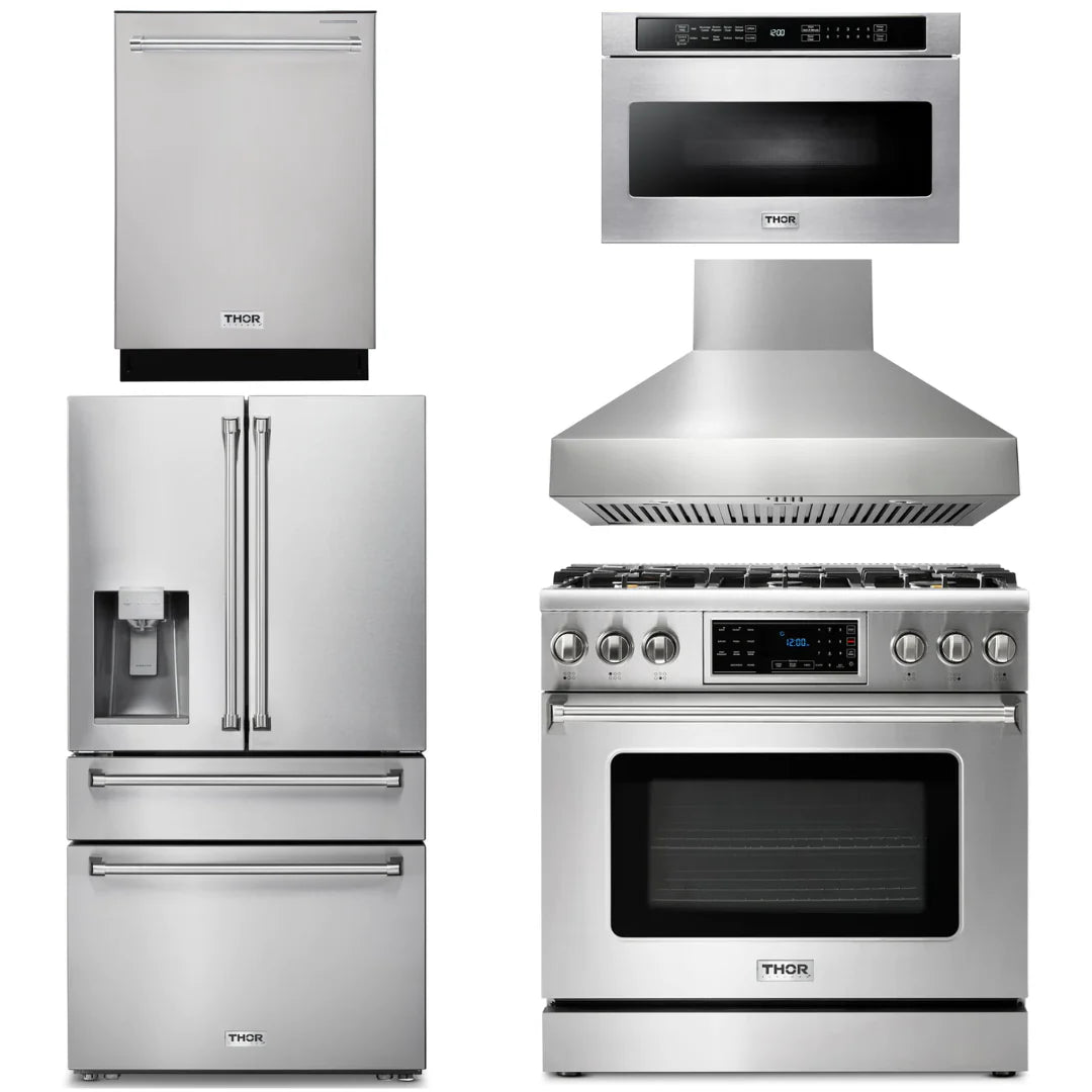 36 Gas Range, Range Hood, Microwave, Refrigerator, Dishwasher F585