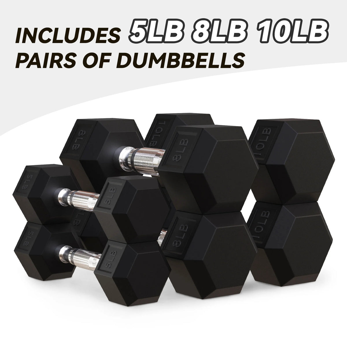 5, 8, and 10 Pound Dumbbell Pairs with Metal Rack D115889