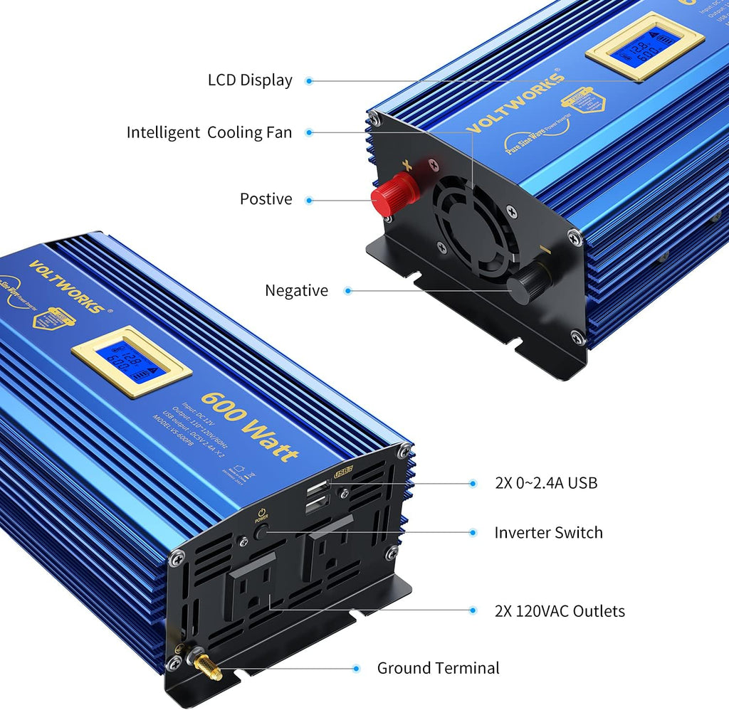 600 Watts Pure Sine Wave Power Inverter 12V to 110V 120V with USB Port & LCD Display V857