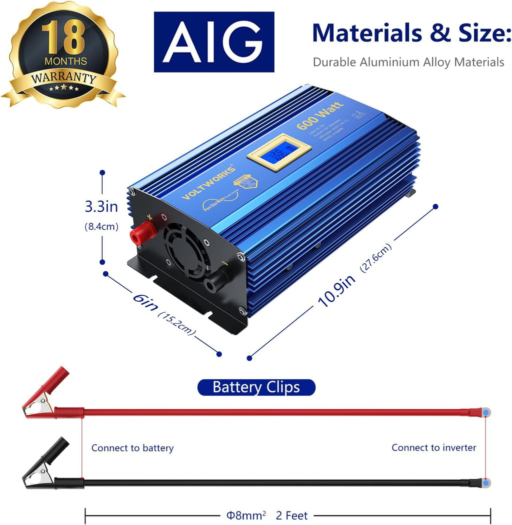 600 Watts Pure Sine Wave Power Inverter 12V to 110V 120V with USB Port & LCD Display V857