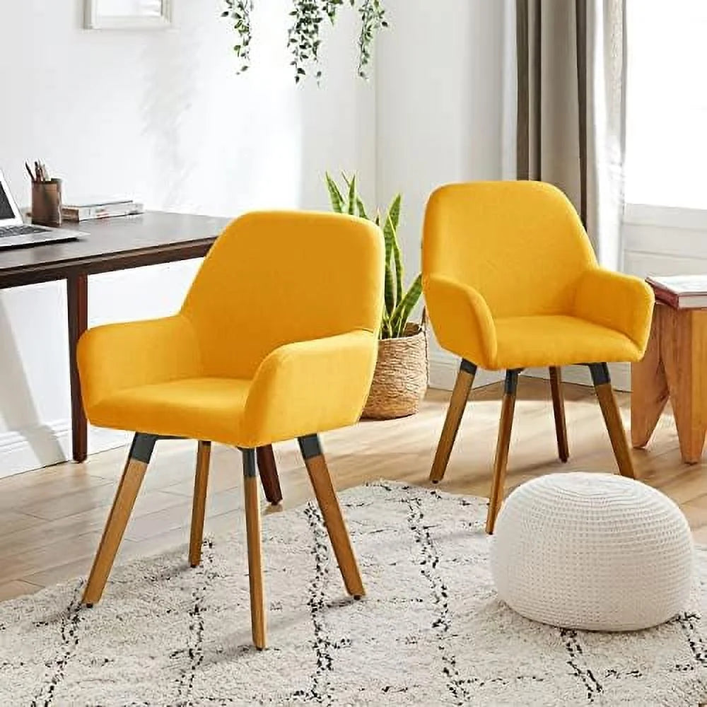 Yellow Linen Fabric Swivel Accent Chair with Solid Wood Legs A939968