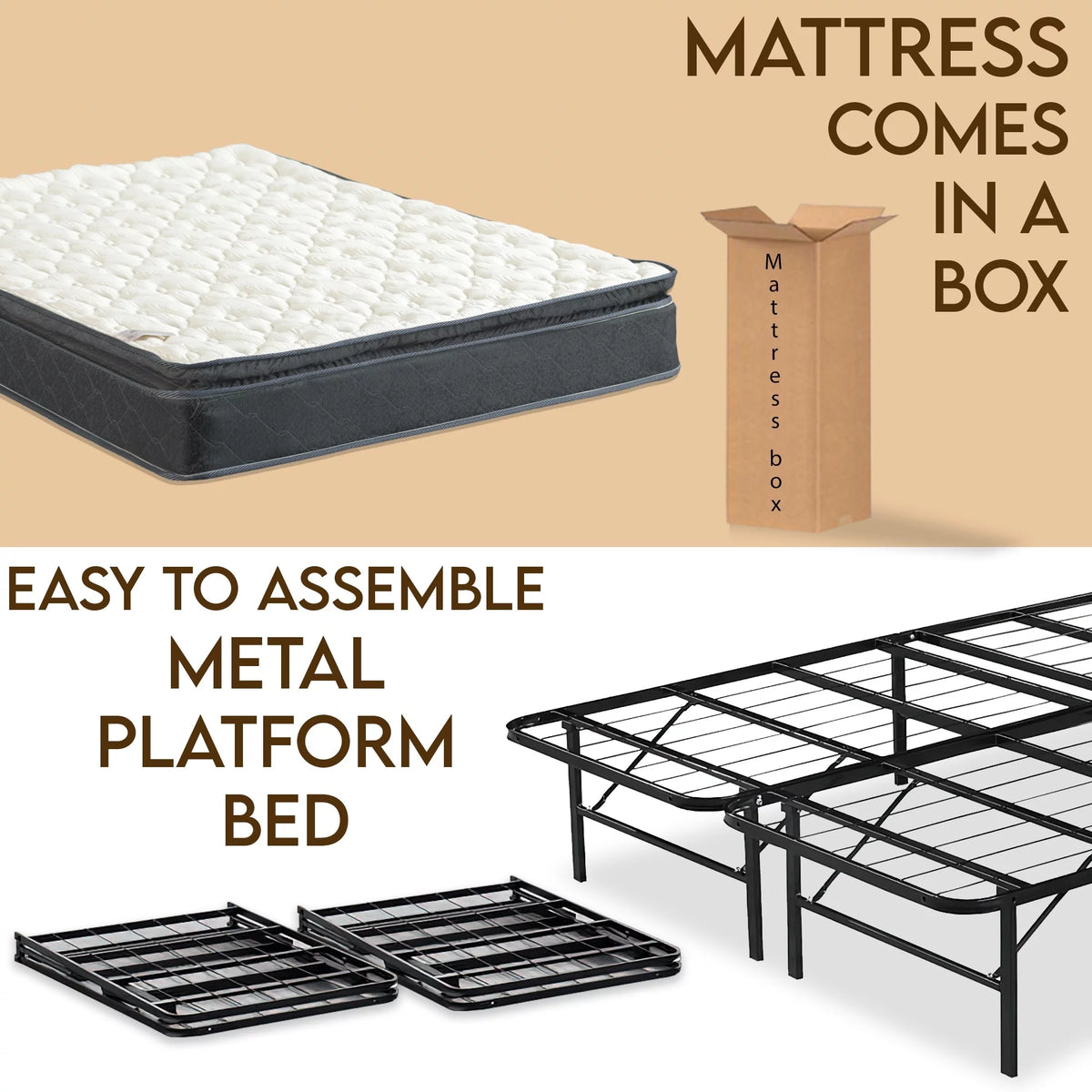 10-Inch Medium Pillow Top Hybrid Mattress and 14 Metal Platform Bed King T5912