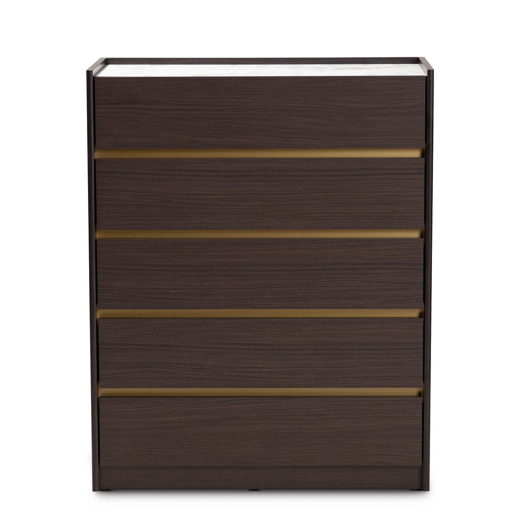 Dark Brown and Gold 5-Drawer Wood Chest with Faux Marble Top P99128