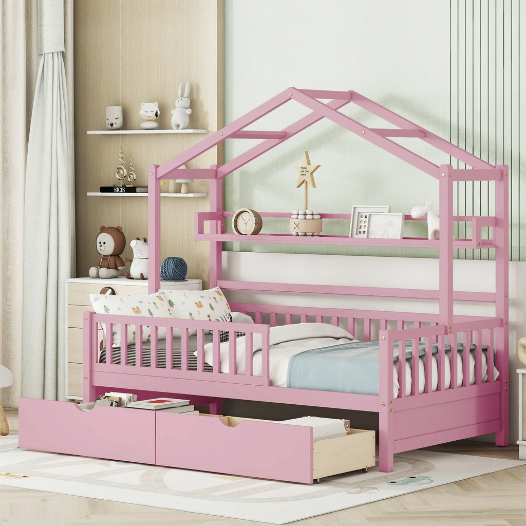 Twin Size Wooden House Bed with 2 Drawers V2273