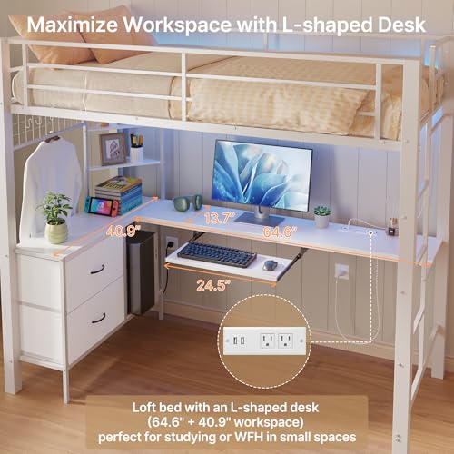 Brown Twin Loft Bed with L-Shaped Desk and LED Lights Q2719