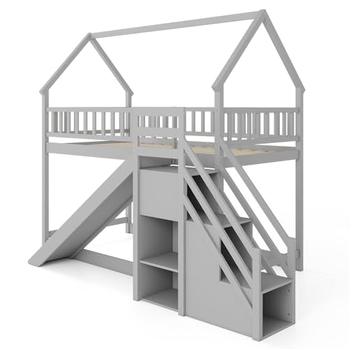 White Wood Twin Over Twin Bunk Bed with Slide and Staircase K670998
