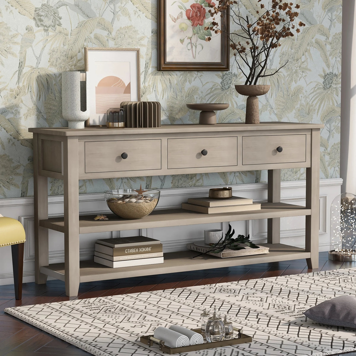 Solid Wood Console Table with Drawers and Shelves P3558