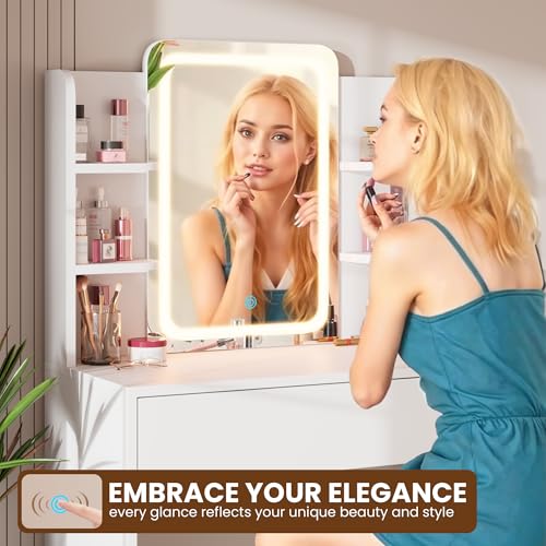 White Small Vanity Desk with Mirror and Lights V135