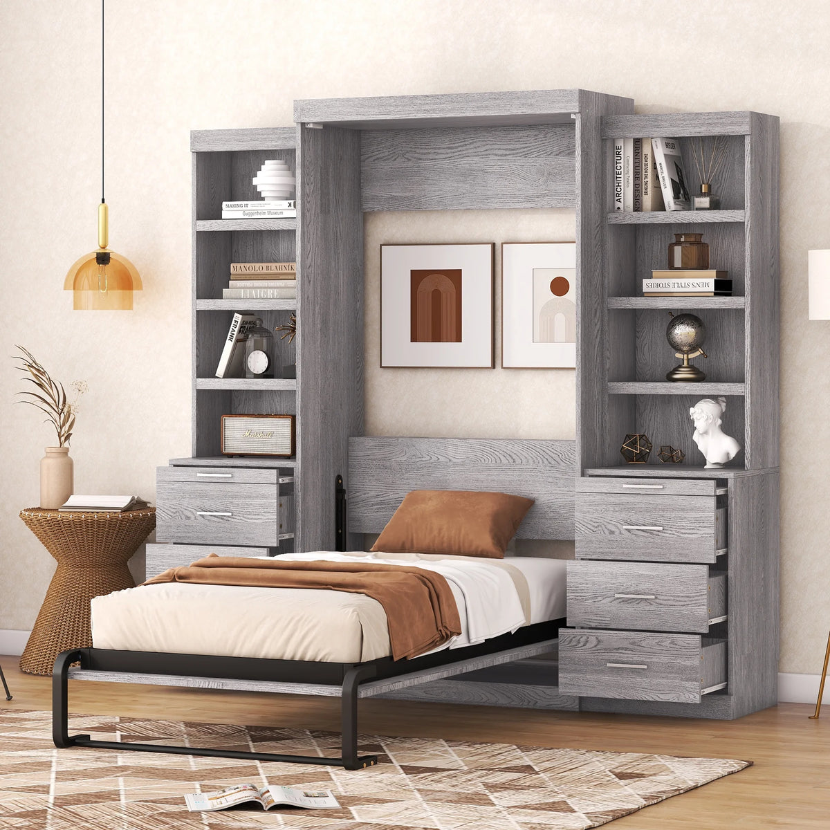Twin Size Murphy Bed with Wardrobe and Drawers Y959