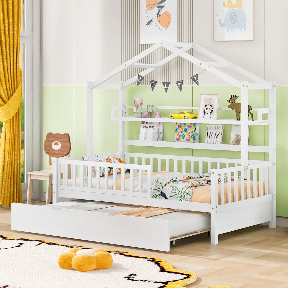 Gray Wood Twin House Bed with Trundle F253