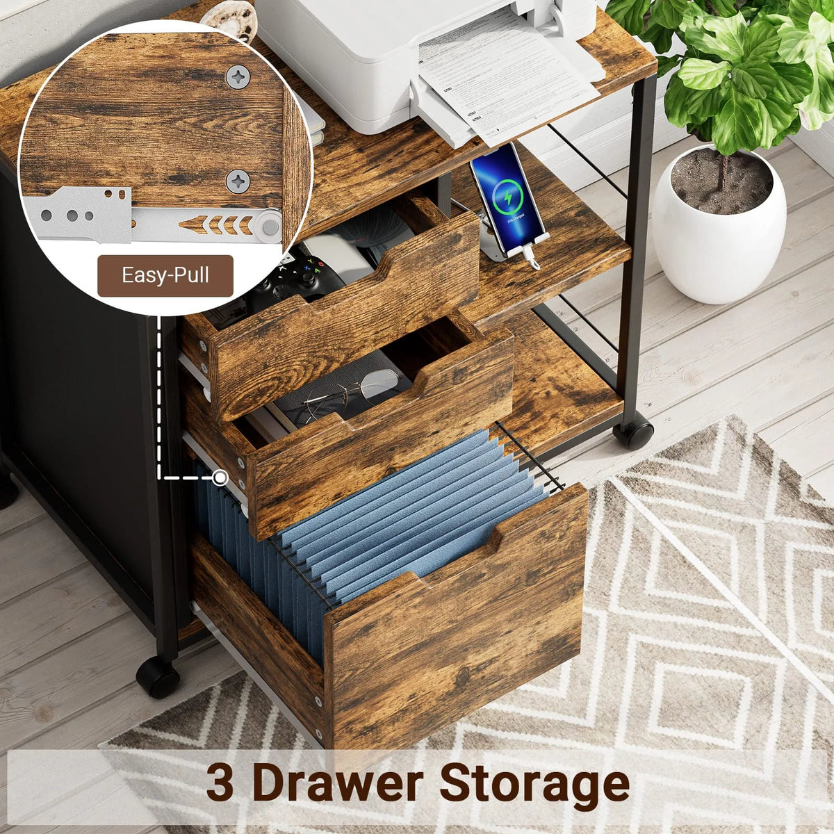 Rolling Wooden File Cabinet with 3 Drawers S932