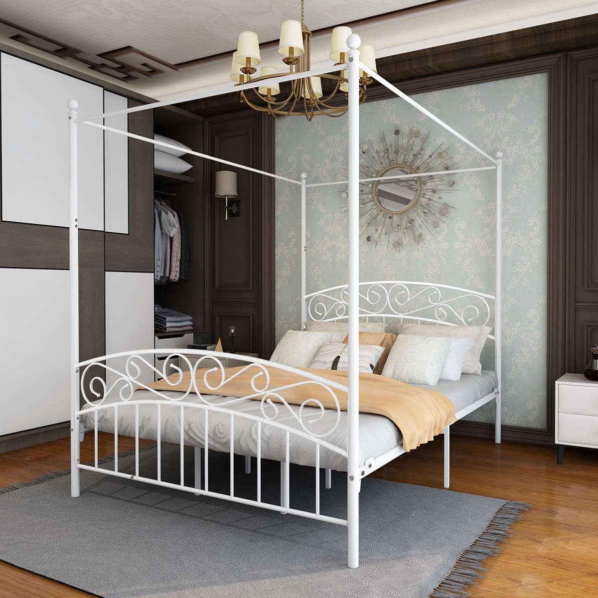 Queen Black Metal Canopy Bed Frame with Headboard & Footboard L2513