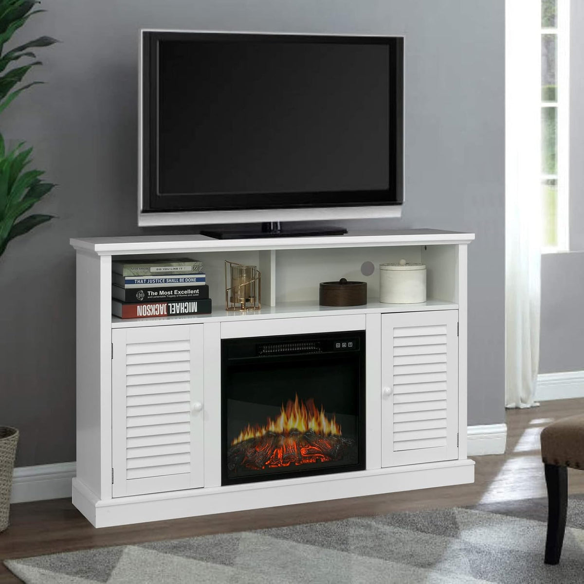 White Fireplace TV Stand with Adjustable Shelves U3324