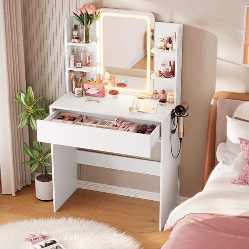 White Small Vanity Desk with Mirror and Lights V135