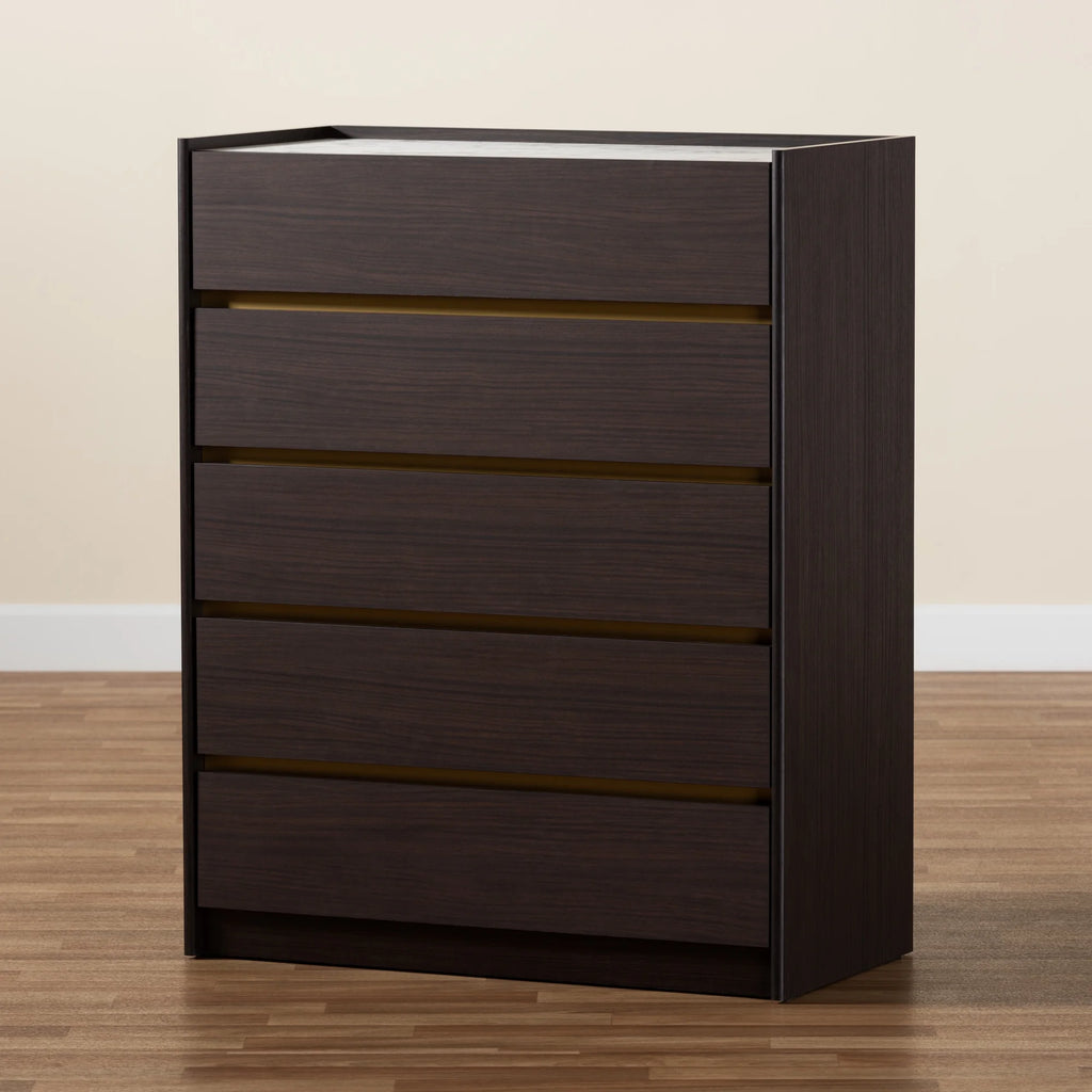 Dark Brown and Gold 5-Drawer Wood Chest with Faux Marble Top P99128
