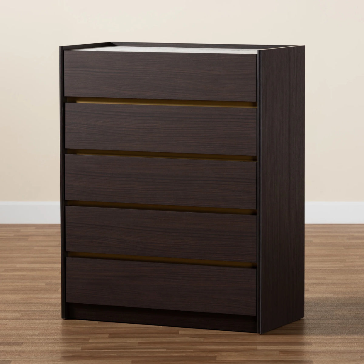 Dark Brown and Gold 5-Drawer Wood Chest with Faux Marble Top P99128