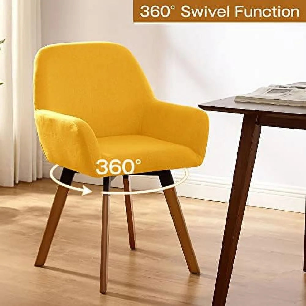 Yellow Linen Fabric Swivel Accent Chair with Solid Wood Legs A939968