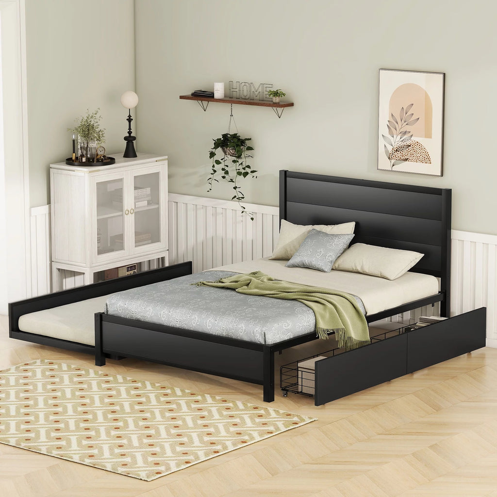 Black Metal Full Size Platform Bed with Twin Trundle and 2 Drawers X3155