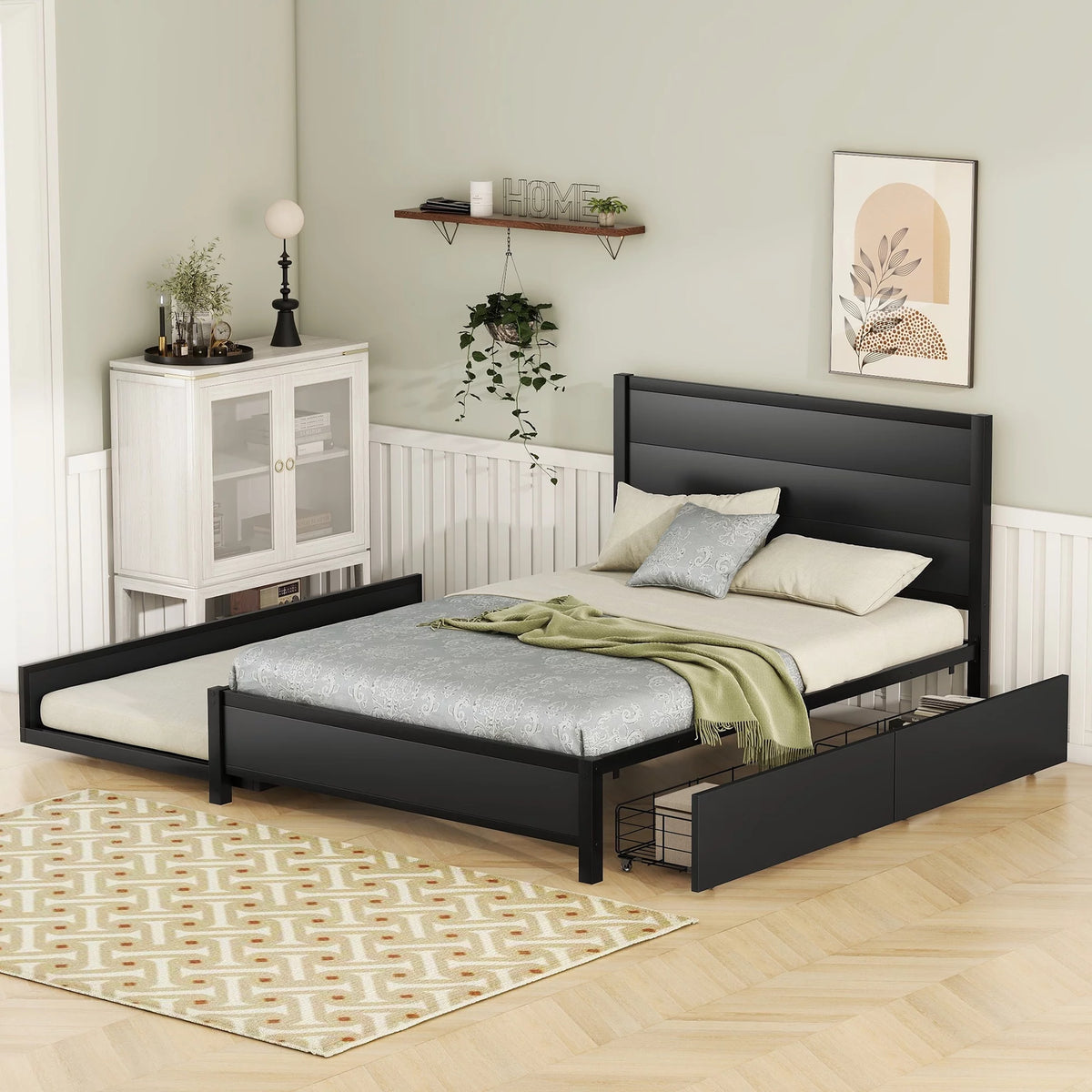 Black Metal Full Size Platform Bed with Twin Trundle and 2 Drawers X3155