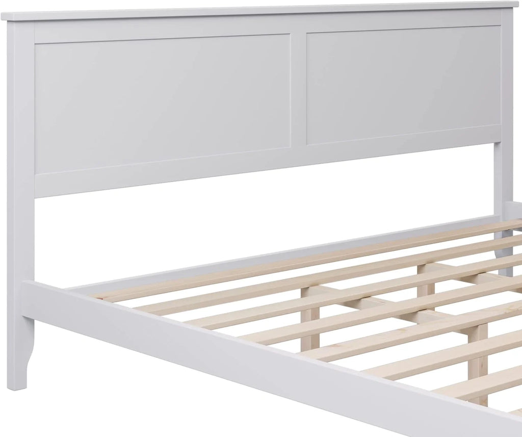 White Platform Bed with Headboard, Wood Bed Frame with Slat Support T679915