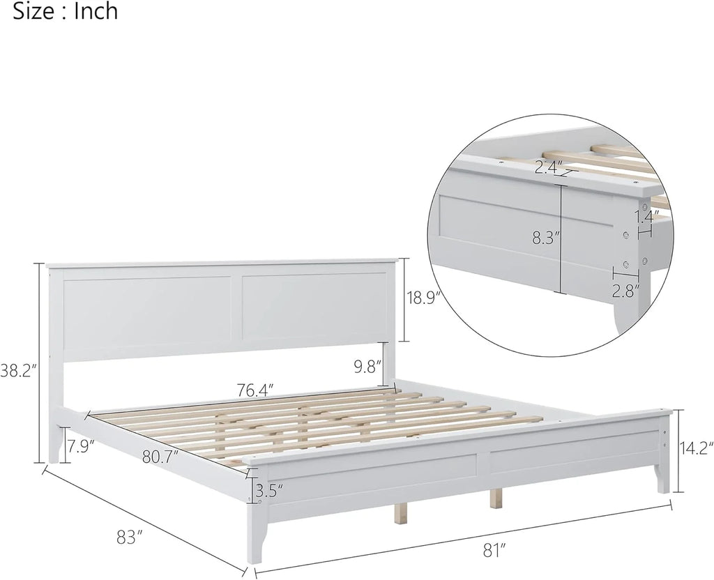 White Platform Bed with Headboard, Wood Bed Frame with Slat Support T679915