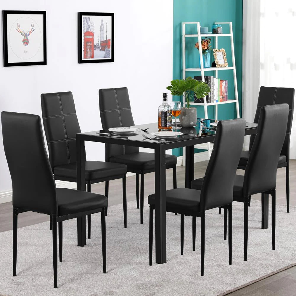 Black 7 Piece Glass Metal Dining Set A22762