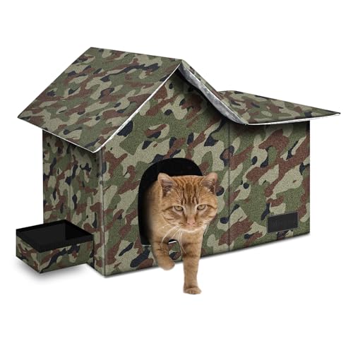 Large Weatherproof Collapsible Cat House with Removable Soft Mat and Bowl O48054
