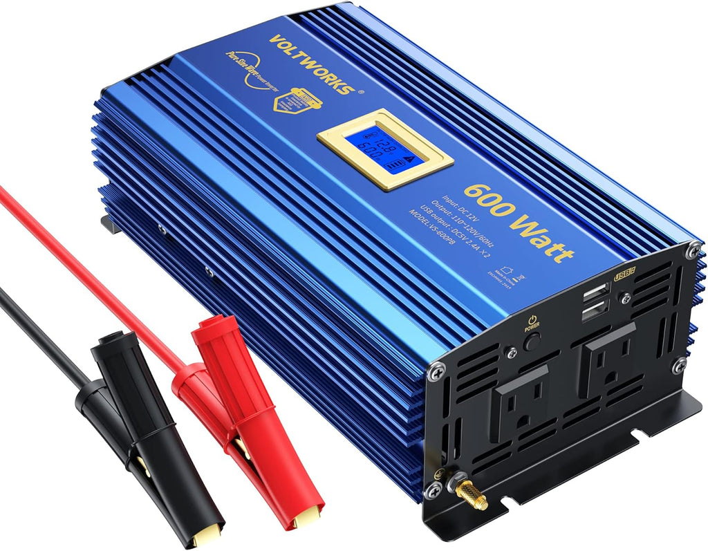 600 Watts Pure Sine Wave Power Inverter 12V to 110V 120V with USB Port & LCD Display V857