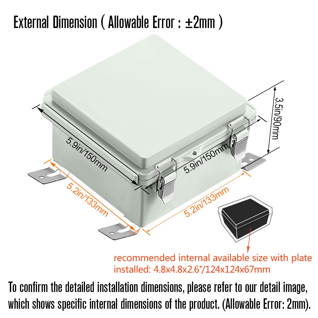 ABS IP67 Waterproof Junction Box with Mounting Plate 150x150x90mm Pack of 2 S36305