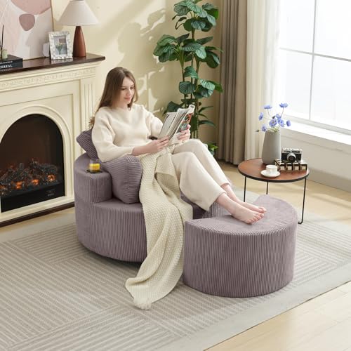 37" W Upholstered Round Barrel Accent Chair with Ottoman R722