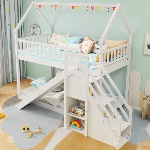 White Wood Twin Over Twin Bunk Bed with Slide and Staircase K670998