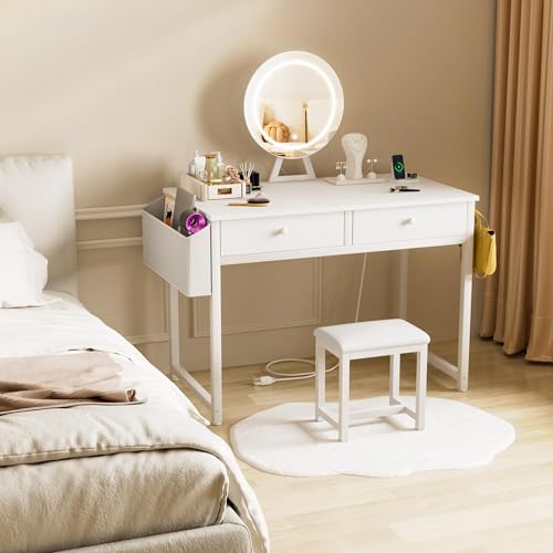 White Vanity Table Set with Mirror and Chair N68706