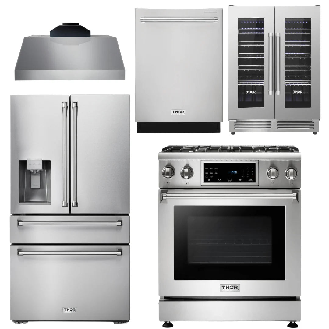 30 In. Propane Gas Range, Range Hood, Refrigerator, Dishwasher, Wine Cooler Q406117