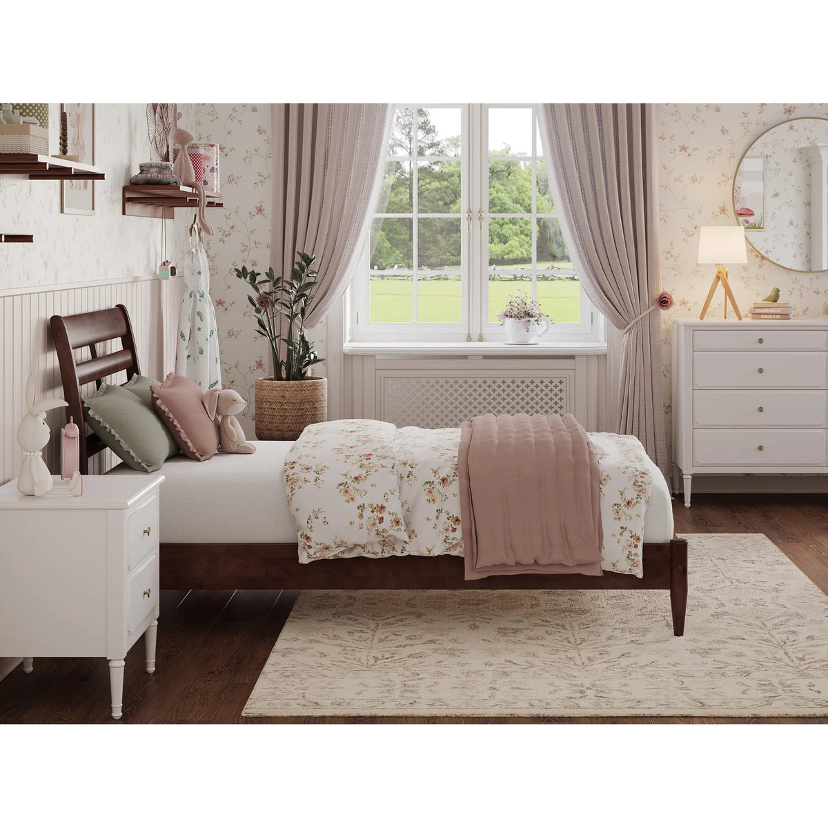 Twin Wood Low Profile Platform Bed in Walnut O320894