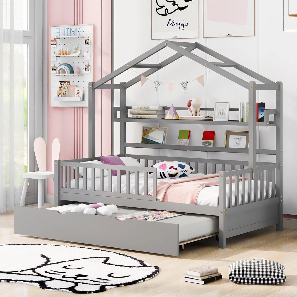 Gray Wood Twin House Bed with Trundle F253