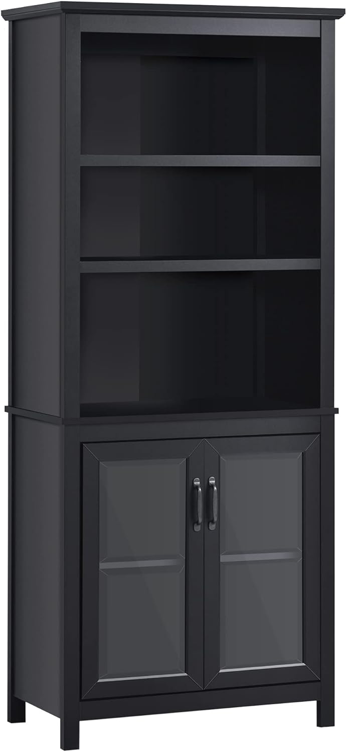 Natural Wood Bookcase Storage Hutch Cabinet with Adjustable Shelves and Glass Doors R5630