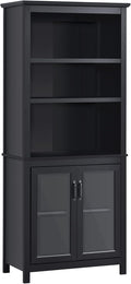 Natural Wood Bookcase Storage Hutch Cabinet with Adjustable Shelves and Glass Doors R5630