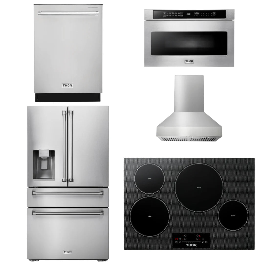 30 Induction Cooktop, Range Hood, Microwave, Refrigerator with Water and Ice Dispenser, Dishwasher U8722