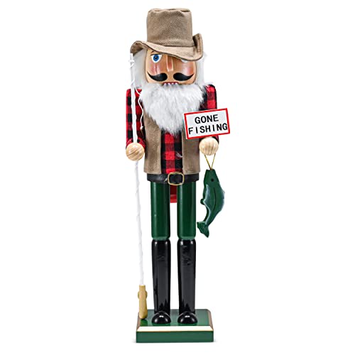 Red and Green Wooden Fisherman Nutcracker 15" Y79398