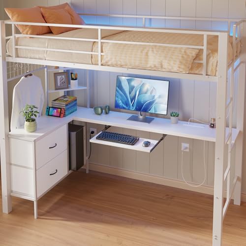 Brown Twin Loft Bed with L-Shaped Desk and LED Lights Q2719